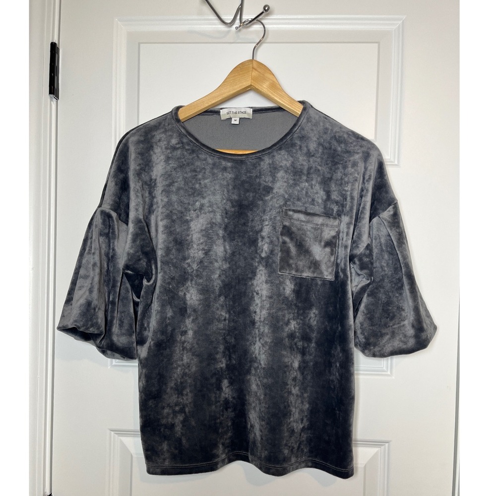 Set The Stage Charcoal Grey Velvet Puff Sleeve Pocket Top 3721VLR Medium